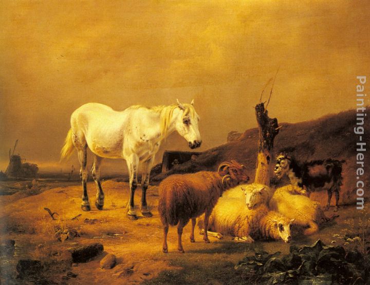 A Horse, Sheep and a Goat in a Landscape painting - Eugene Verboeckhoven A Horse, Sheep and a Goat in a Landscape art painting